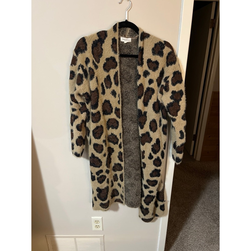 Sweet Lovely by Jen Leopard Print Fuzzy Longline Cardigan Sweater Tan Brown S/M